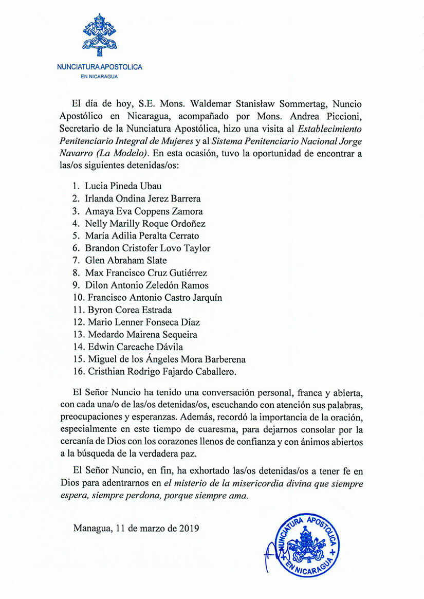 Comunicado de la Nunciatura Apost&oacute;lica de Nicaragua